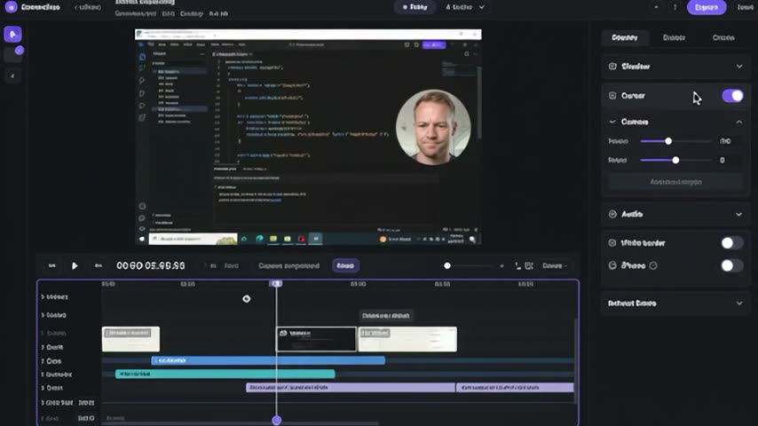 Someone editing a recording in ScreenSolo: the take with their camera bubble above a timeline of lanes, the camera panel open on the right.