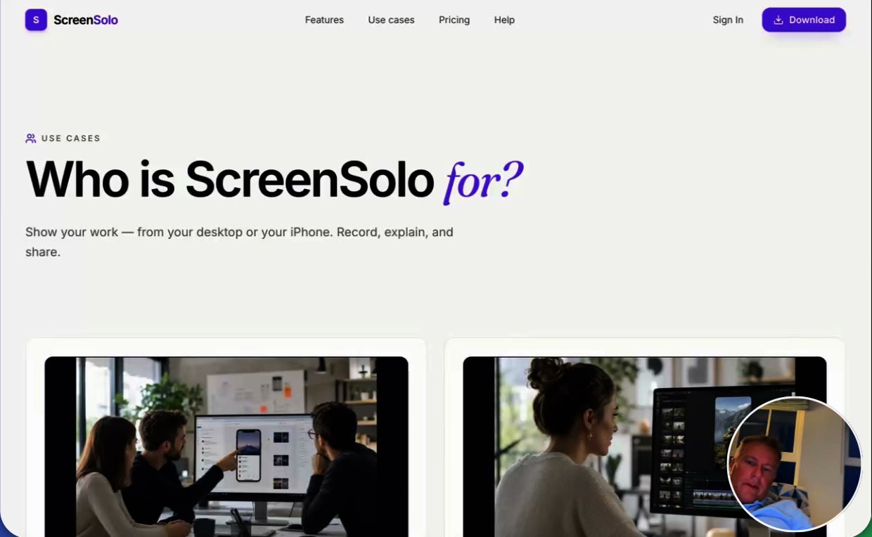 A screen recording of the ScreenSolo website. It moves between the use-case and pricing pages, zooming in automatically on each click, with the presenter's camera in a circle in the corner.