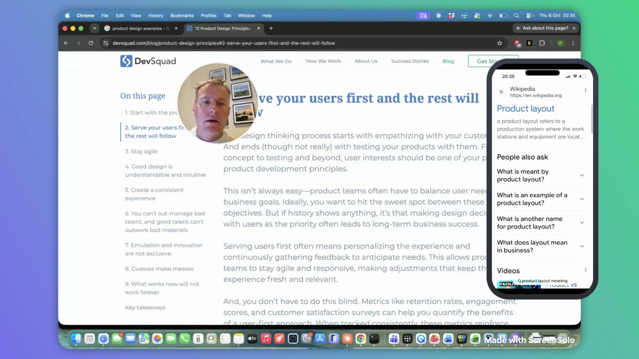A finished ScreenSolo recording: a design article open in a browser on the desktop, an iPhone mirrored live beside it, and the presenter’s camera in a circle in the corner. Smart Capture zooms in as the cursor moves.